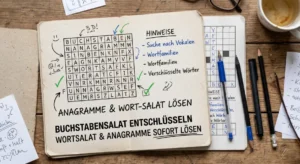 Draufsicht auf ein geöffnetes Rätselheft auf einem Holztisch mit Stiften und einer Kaffeetasse, das das Entschlüsseln von Buchstabensalat und Anagrammen zeigt.