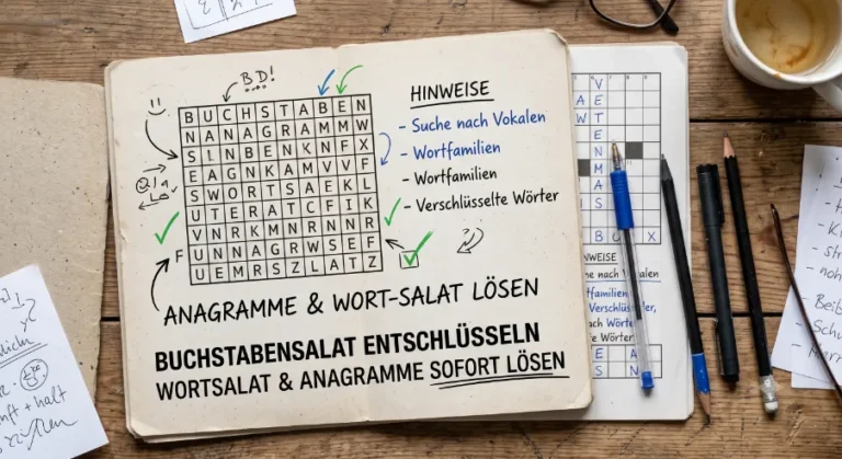 Draufsicht auf ein geöffnetes Rätselheft auf einem Holztisch mit Stiften und einer Kaffeetasse, das das Entschlüsseln von Buchstabensalat und Anagrammen zeigt.