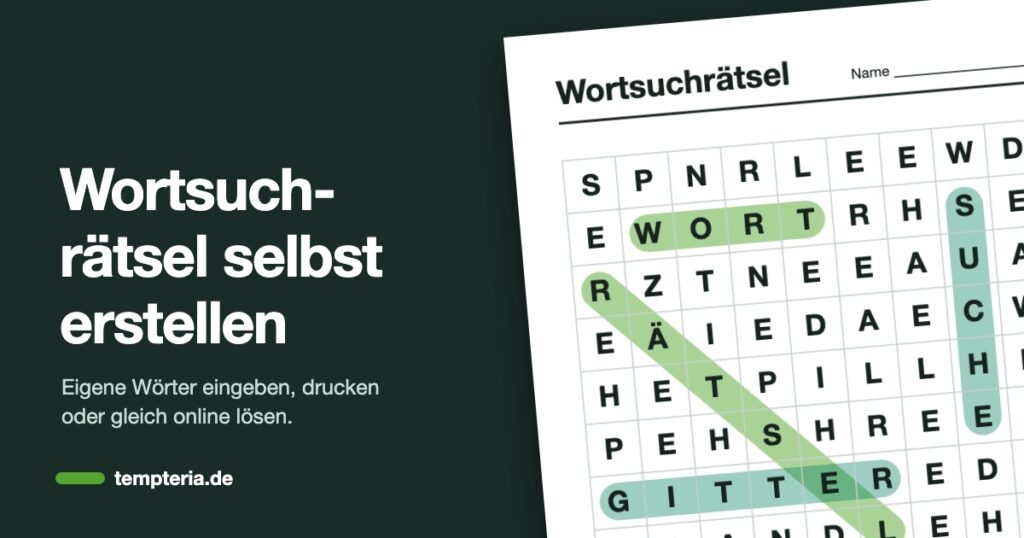 Wortsuchrätsel-Generator: Arbeitsblatt mit Buchstabengitter, in dem die Wörter Wort, Suche, Rätsel und Gitter grün markiert sind