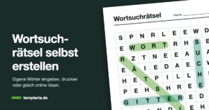 Wortsuchrätsel-Generator: Arbeitsblatt mit Buchstabengitter, in dem die Wörter Wort, Suche, Rätsel und Gitter grün markiert sind