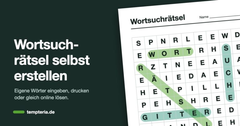 Wortsuchrätsel-Generator: Arbeitsblatt mit Buchstabengitter, in dem die Wörter Wort, Suche, Rätsel und Gitter grün markiert sind